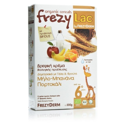 FREZYDERM frezylac Βιολογική Βρεφική Κρέμα Δημητριακών με Γάλα και Μήλο, Μπανάνα, Πορτοκάλι