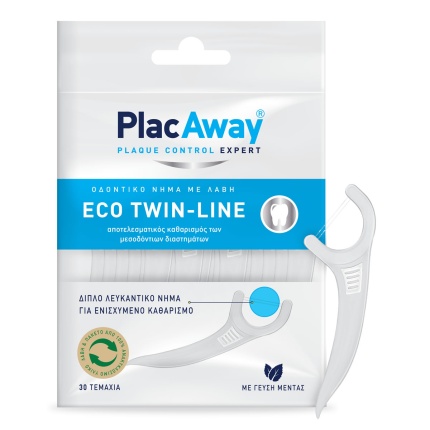 PLAC AWAY Twin Line Διπλό Λευκαντικό Οδοντικό Νήμα με Λαβή 30 Τεμάχια