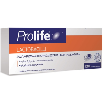 PROLIFE Συμπλήρωμα Διατροφής με Ζώντα Γαλακτικά Βακτήρια, Πρεβιοτικα & Βιταμίνες Β1, Β2, Β6, Β12- 7 Φιαλίδια, 8ml