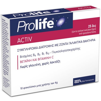 PROLIFE ACTIV Συμπλήρωμα Διατροφής με Ζώντα Γαλακτικά Βακτήρια, Πρεβιοτικά, Βιταμίνη C, Βιταμίνες Β και Βεταΐνη 10 Φακελίσκοι